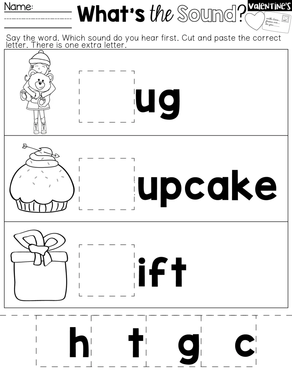 Cut-and-paste beginning-sounds practice for hug, cupcake and gift, choosing from the letters h, t, g and c
