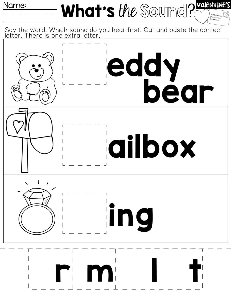 Cut-and-paste beginning-sounds practice for teddy bear, mailbox and ring, choosing missing initial letters