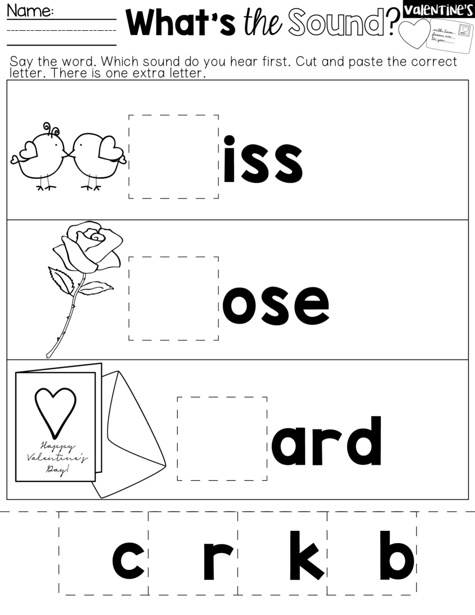 Cut-and-paste beginning-sounds practice for kiss, rose and card, choosing from the letters c, r, k and b