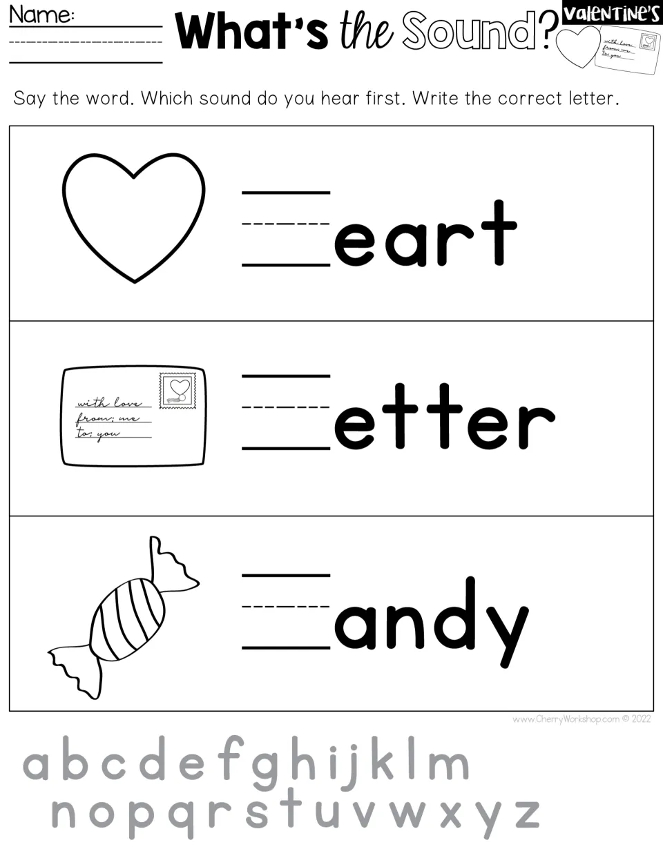 Beginning-sounds writing practice for heart, letter and candy, with a lowercase alphabet for reference