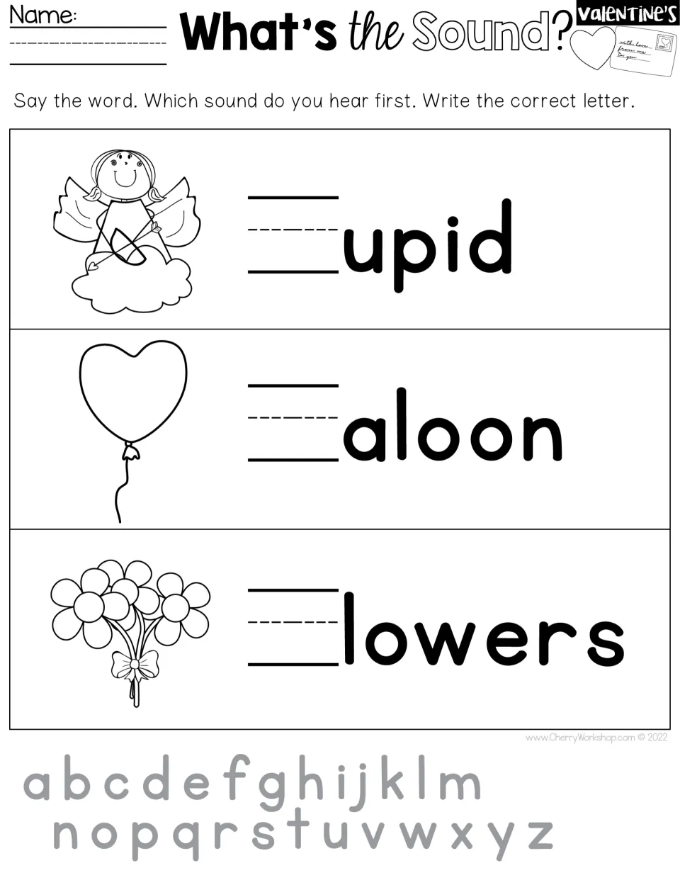 Beginning-sounds writing practice for Cupid, balloon and flowers, with a lowercase alphabet for reference