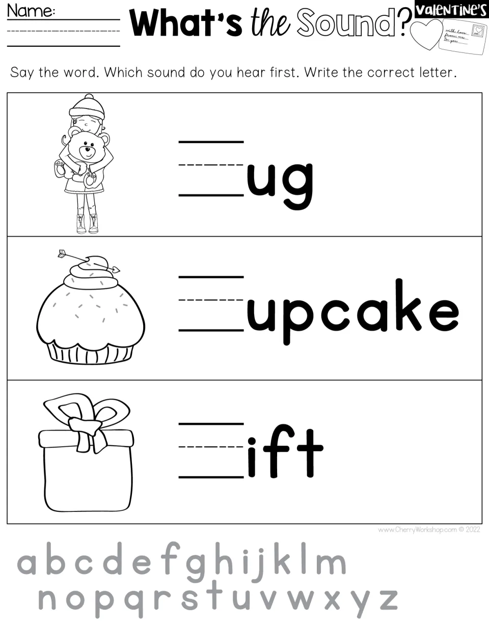 Beginning-sounds writing practice for hug, cupcake and gift, with a lowercase alphabet for reference