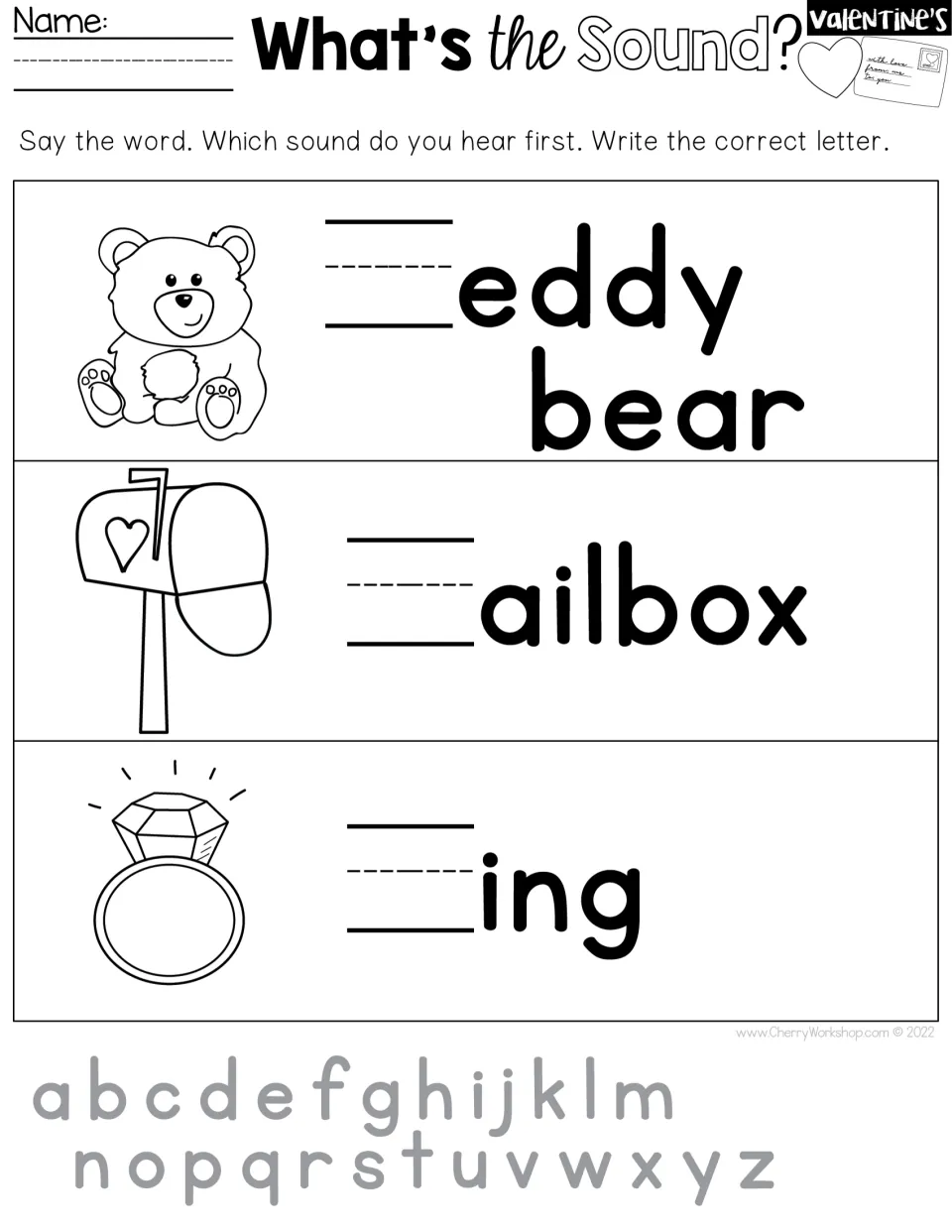 Beginning-sounds writing practice for teddy bear, mailbox and ring, with a lowercase alphabet reference