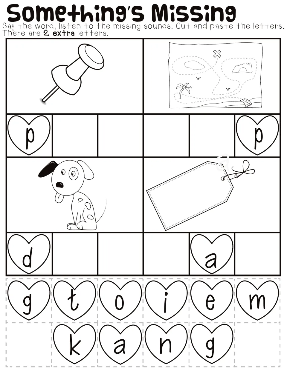 Something's Missing CVC words: students cut and paste heart letters to finish pin, map, dog and tag, with 2 extra letters