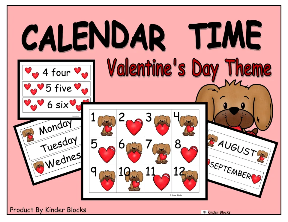 Calendar collection cover titled “Calendar Time: Valentine's Day Theme,” showing samples of the cards