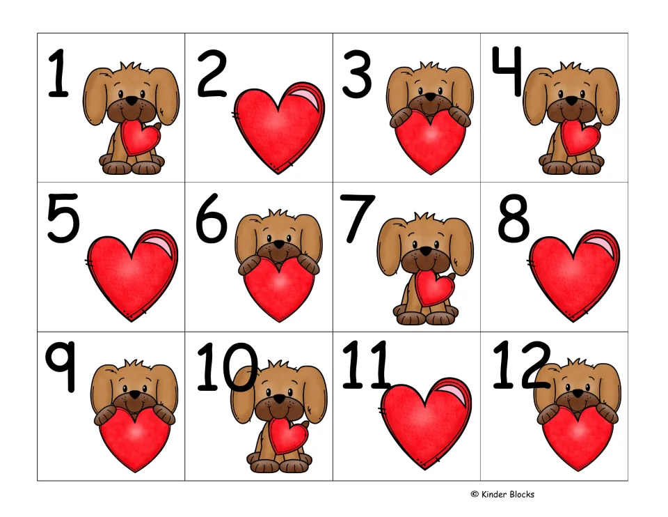 Calendar number cards 1–12, beginning the set of 31 with a repeating sequence of two puppy designs and a heart