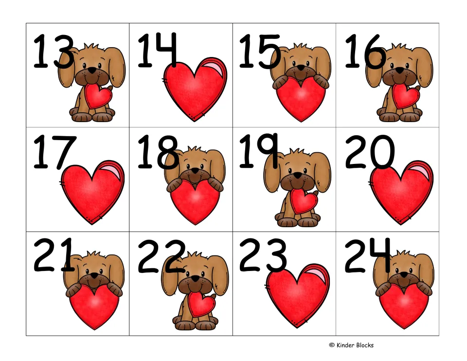 Calendar number cards 13–24, continuing the set with a repeating sequence of two puppy designs and a heart