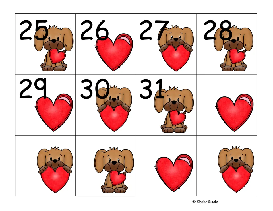 Calendar number cards 25–31 and five unnumbered cards complete the three sheets of puppy and heart cards