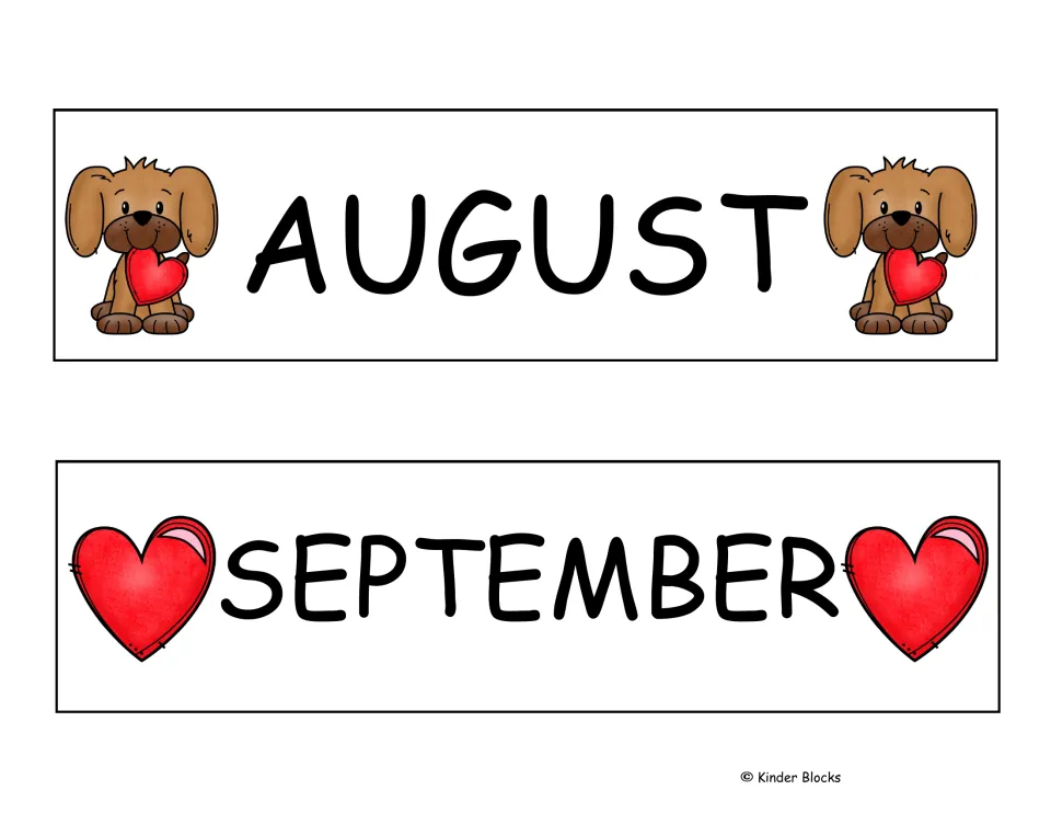 August and September month labels for the Valentine-themed calendar, beginning the six month-label sheets