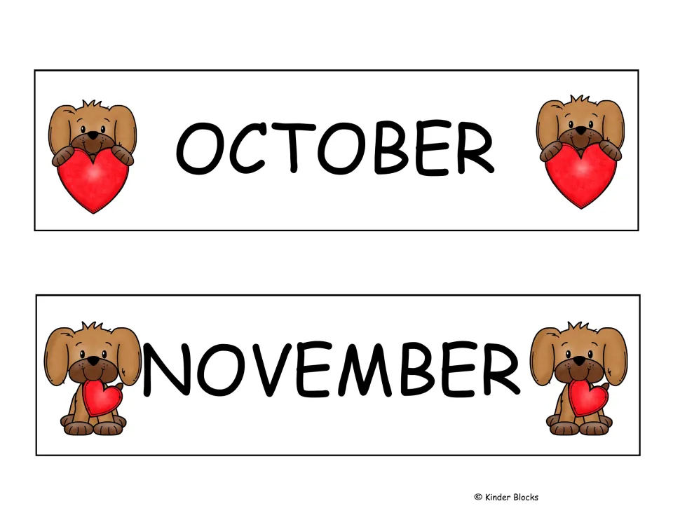 October and November month labels for the Valentine-themed calendar, the second of six month-label sheets
