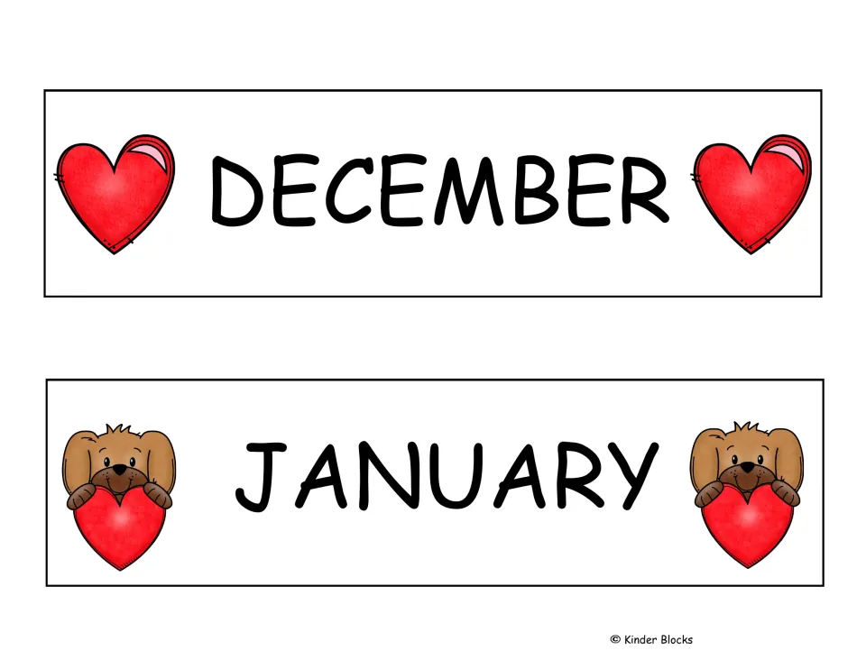 December and January month labels for the Valentine-themed calendar, the third of six month-label sheets