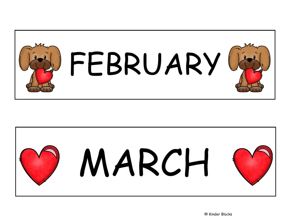 February and March month labels for the Valentine-themed calendar, the fourth of six month-label sheets