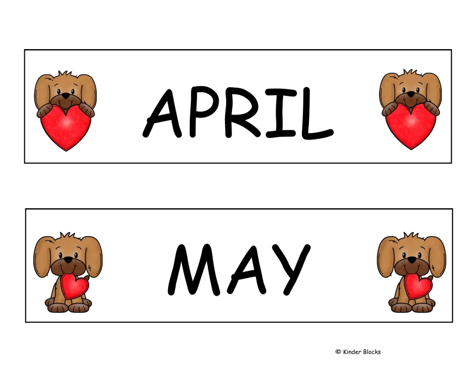 April and May month labels for the Valentine-themed calendar, continuing the set of 12 months on sheet five