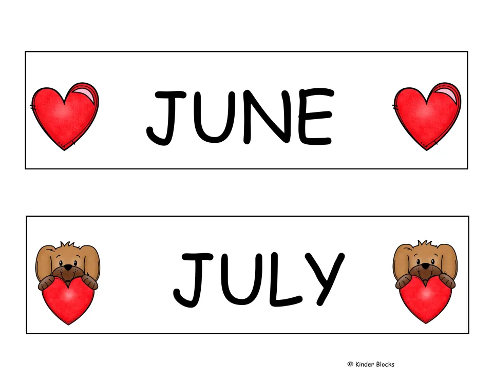 June and July month labels for the Valentine-themed calendar, completing the 12 months on the sixth sheet