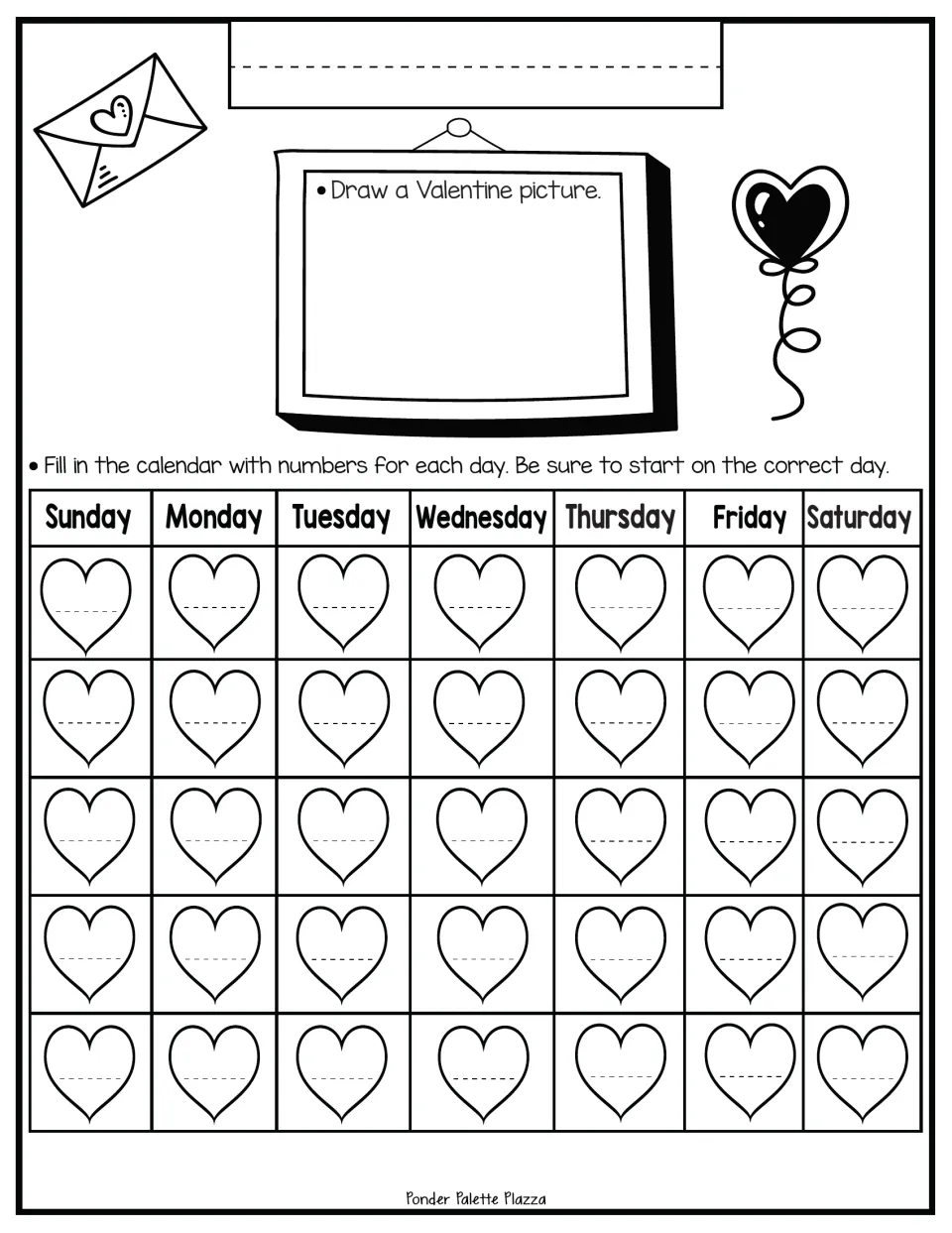 Valentine calendar activity: draw a Valentine picture and number each day, starting on the correct weekday.