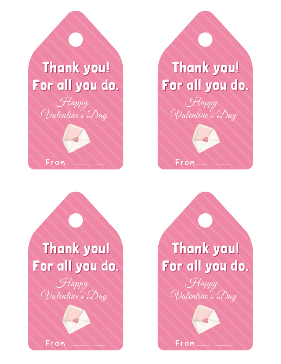 Valentine thank-you tags, sheet 1: four pink tags say "Thank you! For all you do. Happy Valentine's Day" with a From line