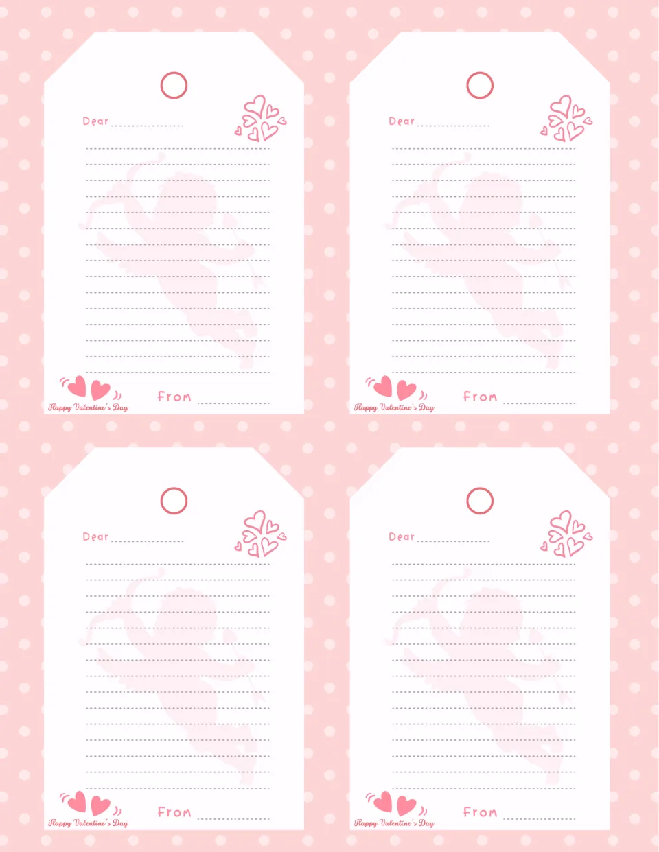 Valentine's Day message tags, sheet 1: four cupid tags where students write a note after Dear and sign by From