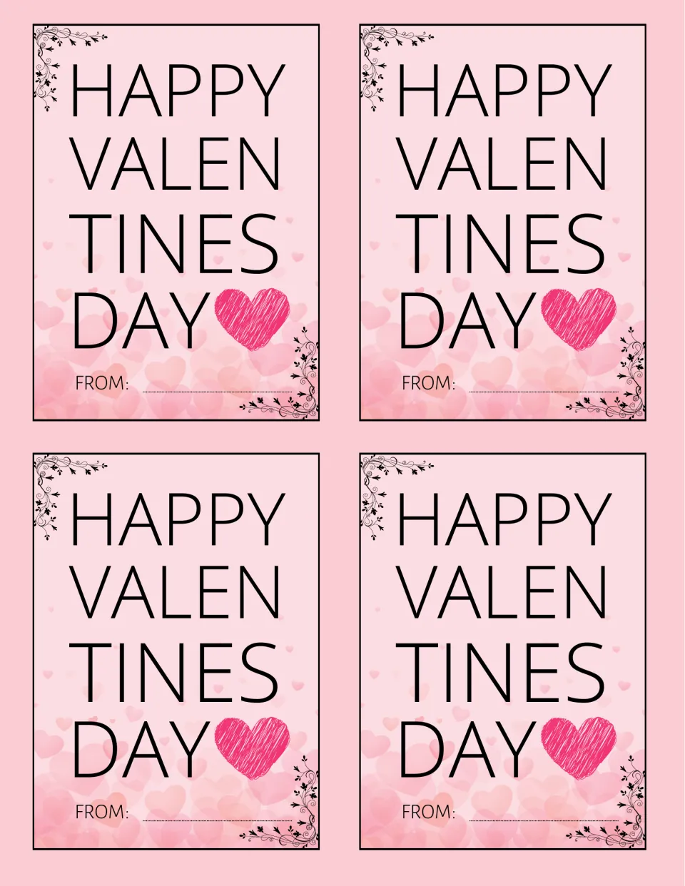 Valentine's Day cards: four pink cards reading Happy Valentines Day with a red scribbled heart and a From line to sign