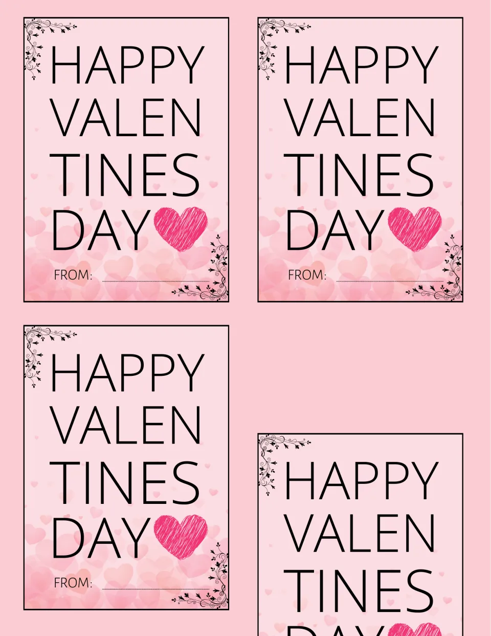 Valentine cards with an offset layout: three full Happy Valentines Day cards and a fourth card cut off at the bottom edge