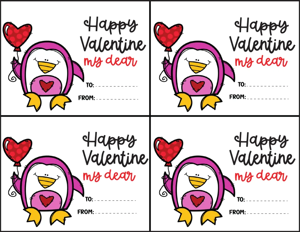 Valentine card sheet: four penguin cards reading 'Happy Valentine my dear,' with To and From labels.