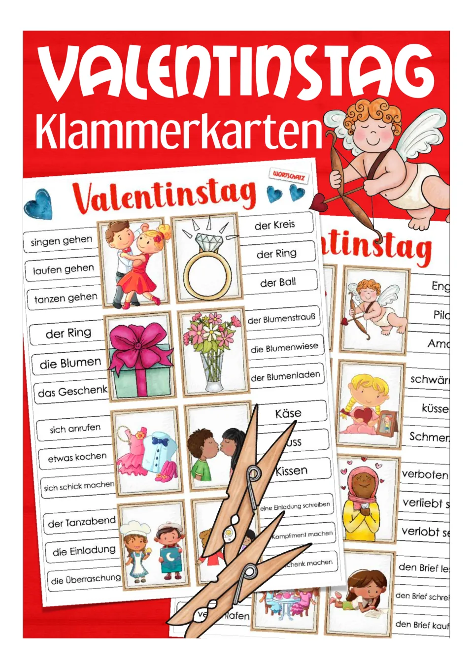 Cover of the German Valentine's Day clip card resource, showing sample vocabulary cards and clothespins