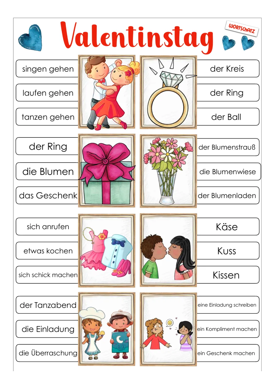 Vocabulary cards 1–8: tanzen gehen (go dancing), der Ring (ring), das Geschenk (gift), and five more