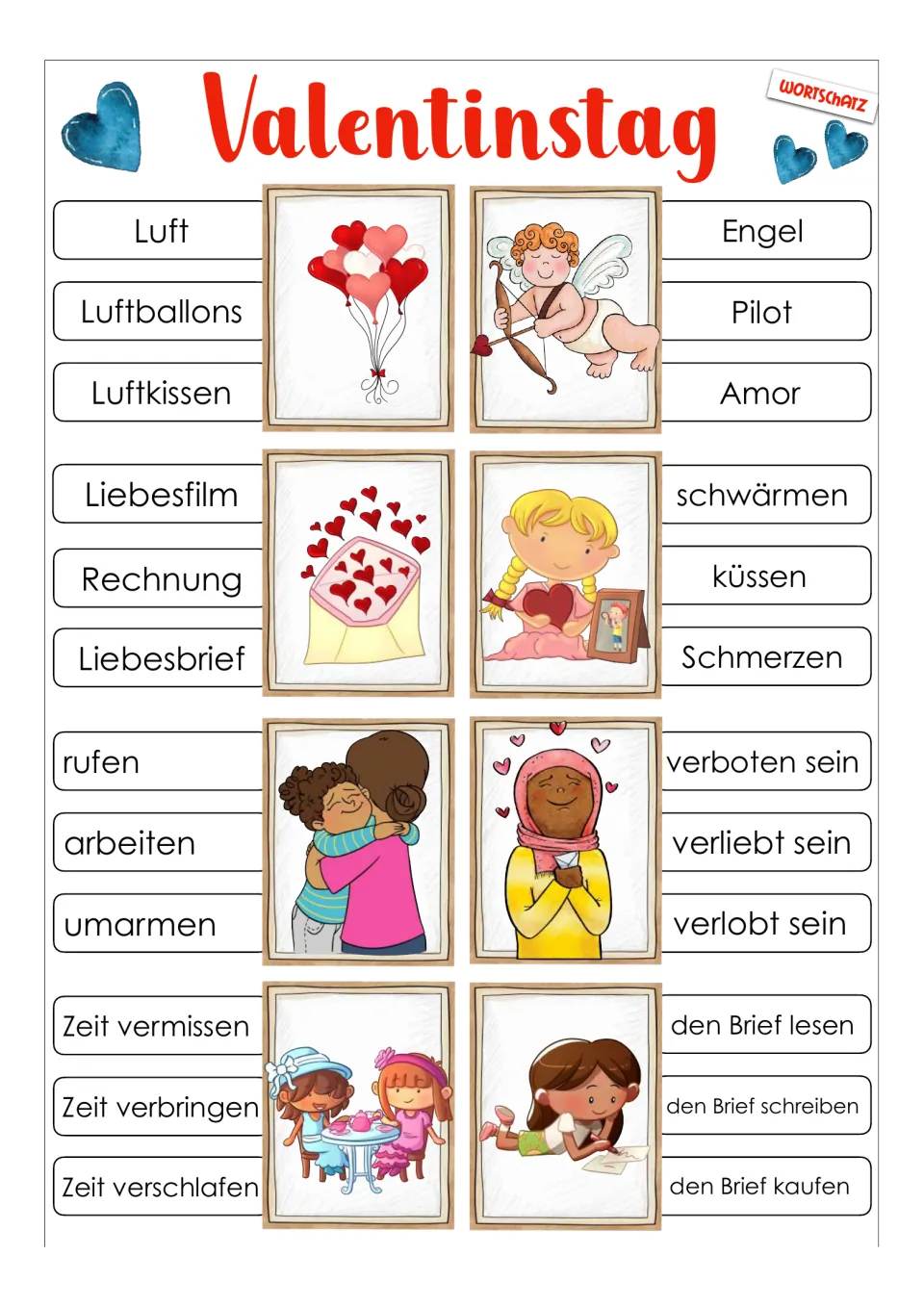 Vocabulary cards 9–16: Luftballons (balloons), Amor (Cupid), Liebesbrief (love letter), and five more