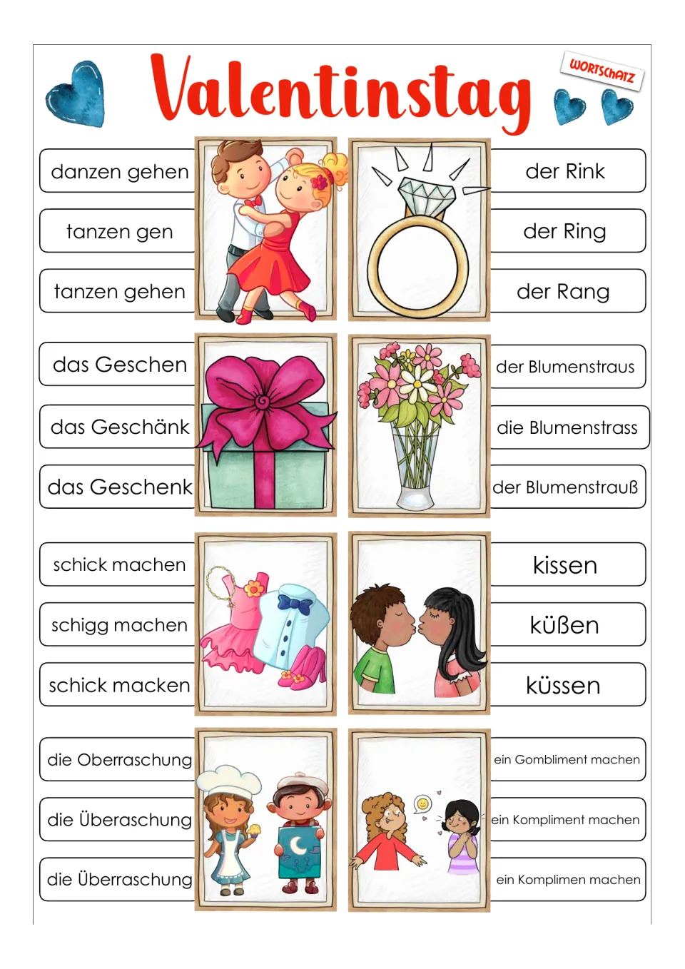 Spelling cards 1–8: choose spellings for der Ring (ring), küssen (kiss), das Geschenk (gift), and more