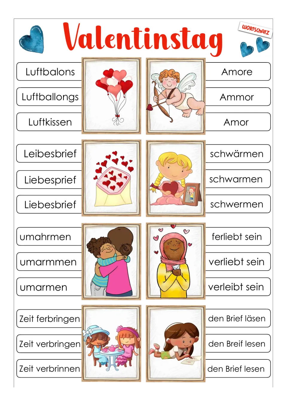 Spelling cards 9–16: choose spellings for Amor (Cupid), umarmen (hug), Liebesbrief (love letter), and more