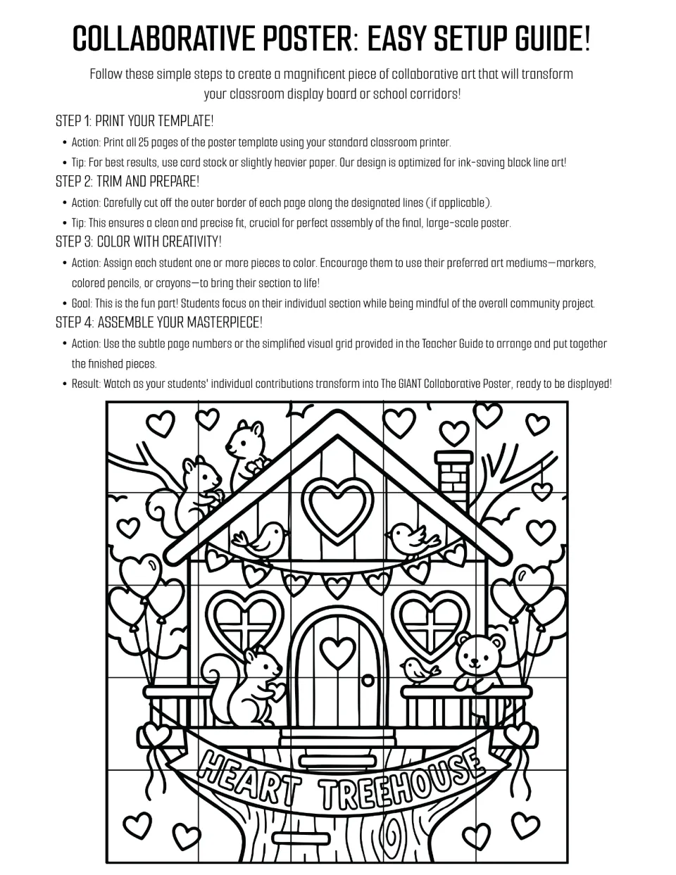 Setup guide: four steps to print 25 pages, trim, color and assemble a Heart Treehouse poster, shown as a 5x5 line drawing