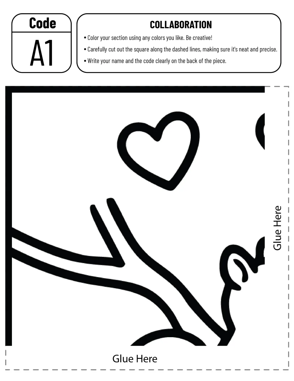 Cut-out piece A1, top-left corner: a heart and a tree branch to color, cut out, and label with name and code on the back