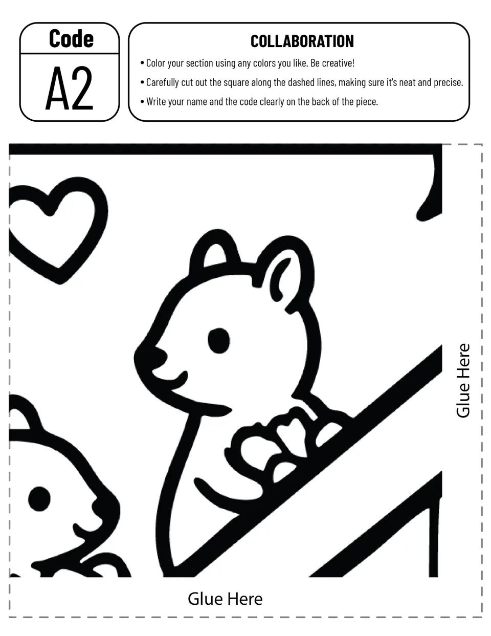 Cut-out piece A2: a smiling squirrel on the treehouse roof edge beside a heart and a second squirrel's face to color