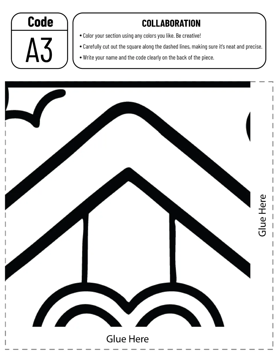 Cut-out piece A3: the peak of the treehouse roof with the top of the large gable heart, for one student to color and trim