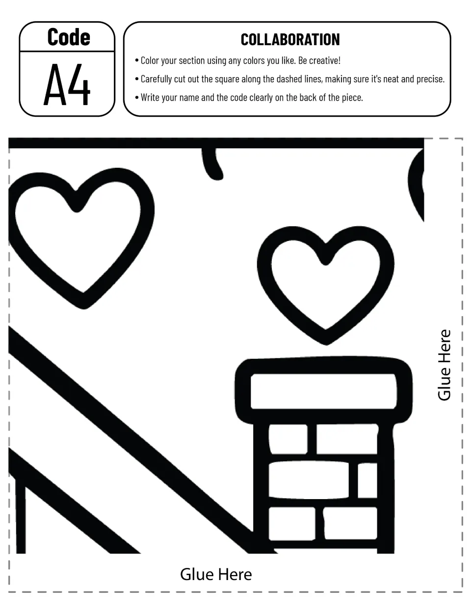 Cut-out piece A4: brick chimney, two hearts and the roof slope; students color it, cut it out and write the code on back