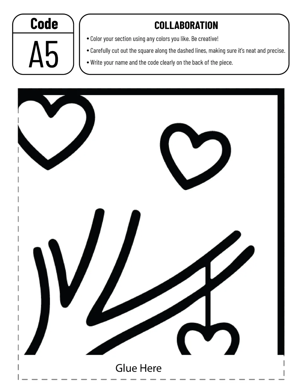 Cut-out piece A5, top-right corner: two hearts, bare tree branches and a hanging heart for a student to color and trim
