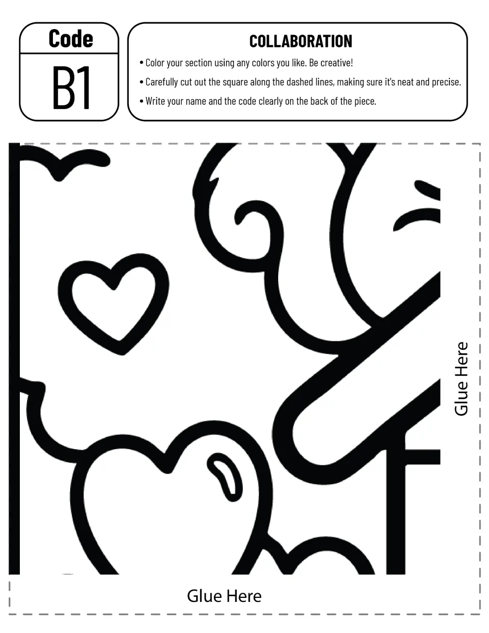 Cut-out piece B1: a squirrel's curled tail, a heart, tree foliage and the top of a heart balloon to color and cut out