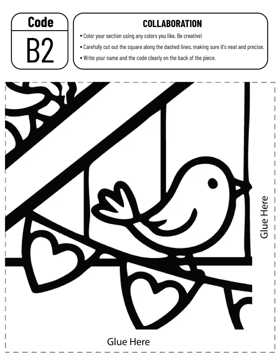 Cut-out piece B2: a little bird under the roof eave above a string of heart bunting, ready to color, cut and glue