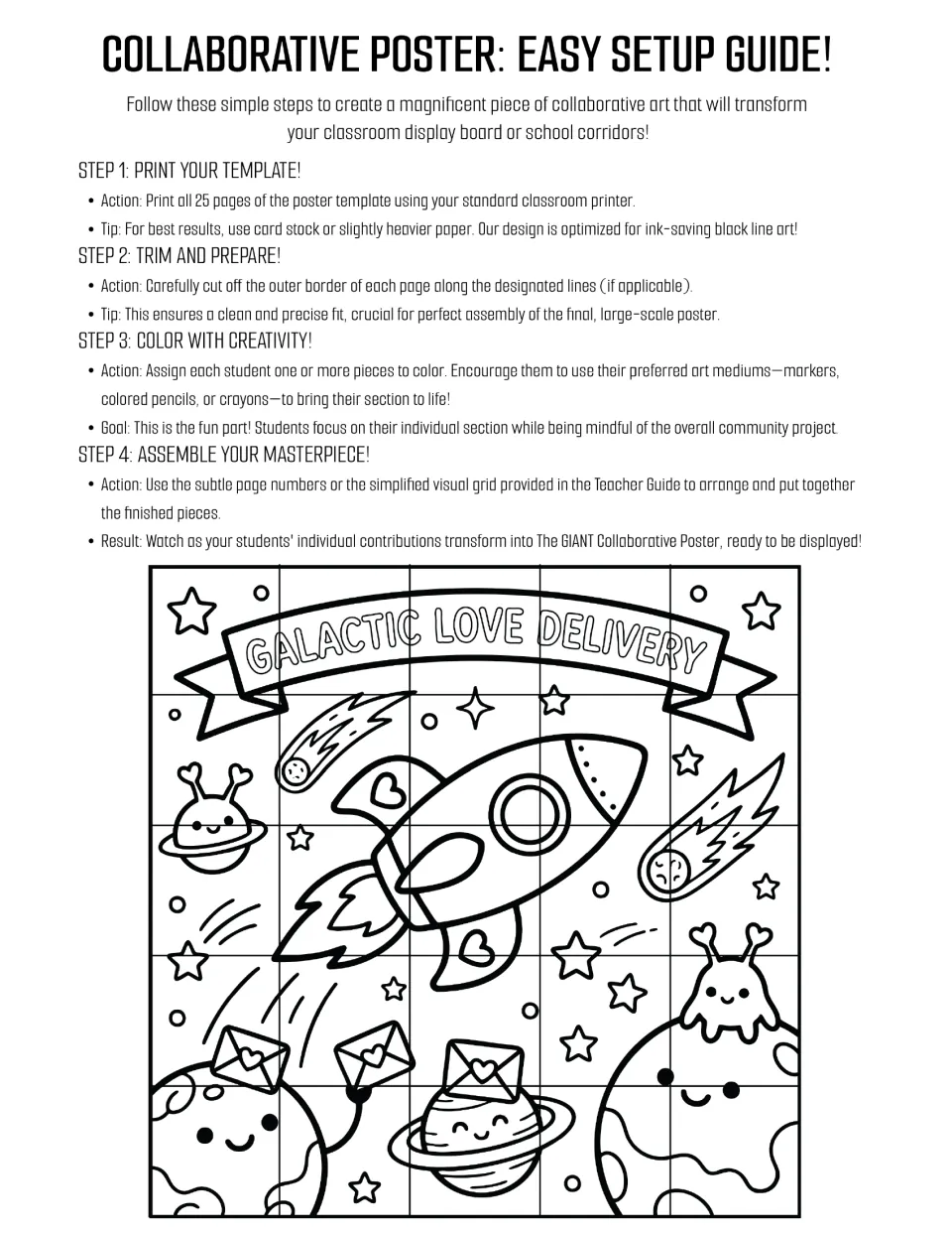 Setup steps to print, trim, color and assemble 25 poster pages, with a preview of the Galactic Love Delivery space scene
