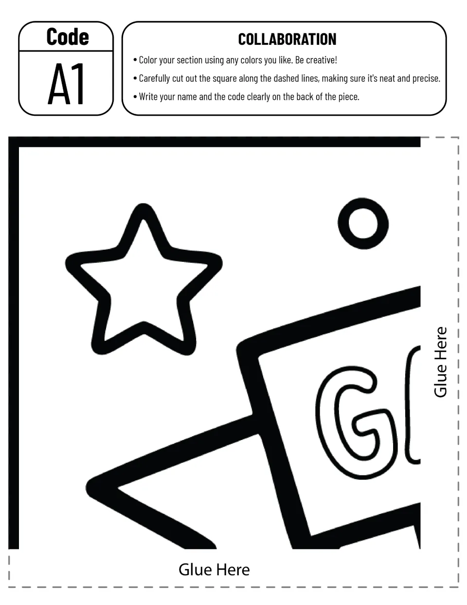 Cut-out piece A1: top-left corner with a star, a circle and the banner's first letter G for students to color and cut