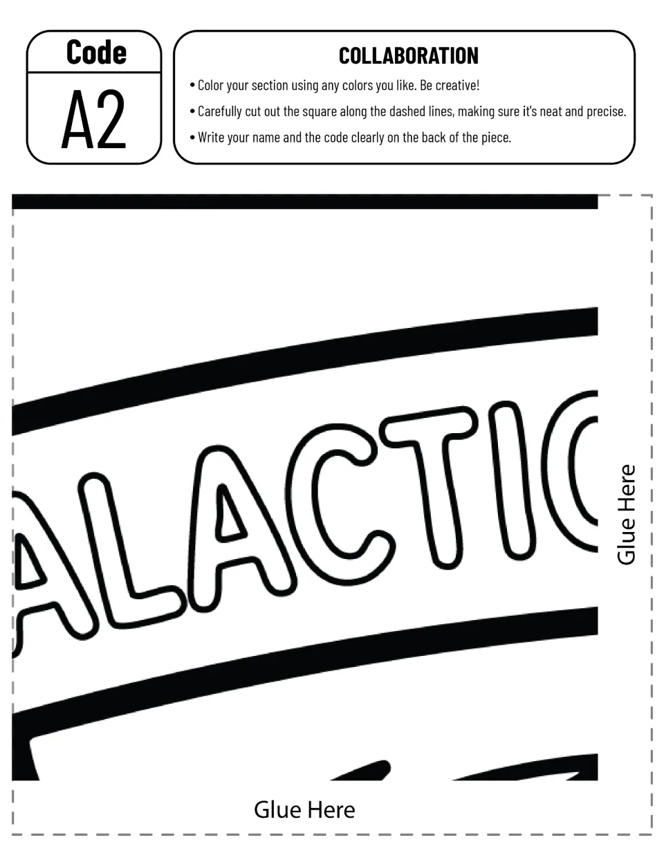 Cut-out piece A2: banner section with outlined letters ALACTIC; students color, cut out and write name and code on back