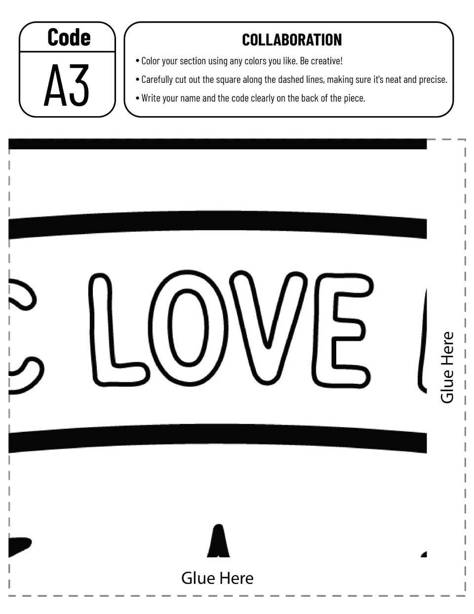 Cut-out piece A3: middle of the banner with bubble letters LOVE for a student to color, trim and label on the back
