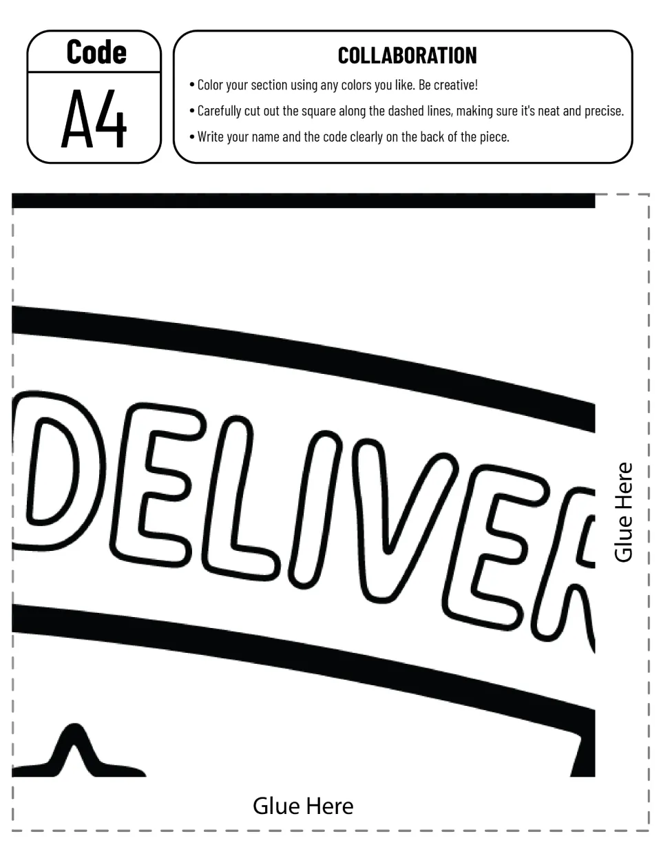 Cut-out piece A4: banner segment with outlined letters DELIVER and a star tip below, for a student to color and cut