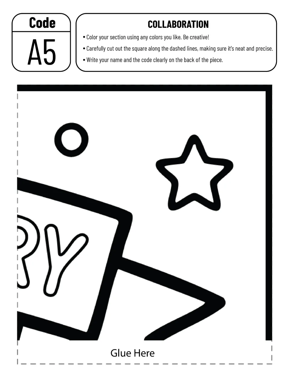 Cut-out piece A5: top-right corner with banner end letters RY, a star and a circle for a student to color and trim