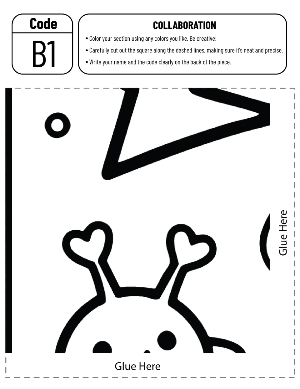 Cut-out piece B1: left-edge square with a star tip and an alien's heart antennae for students to color and cut