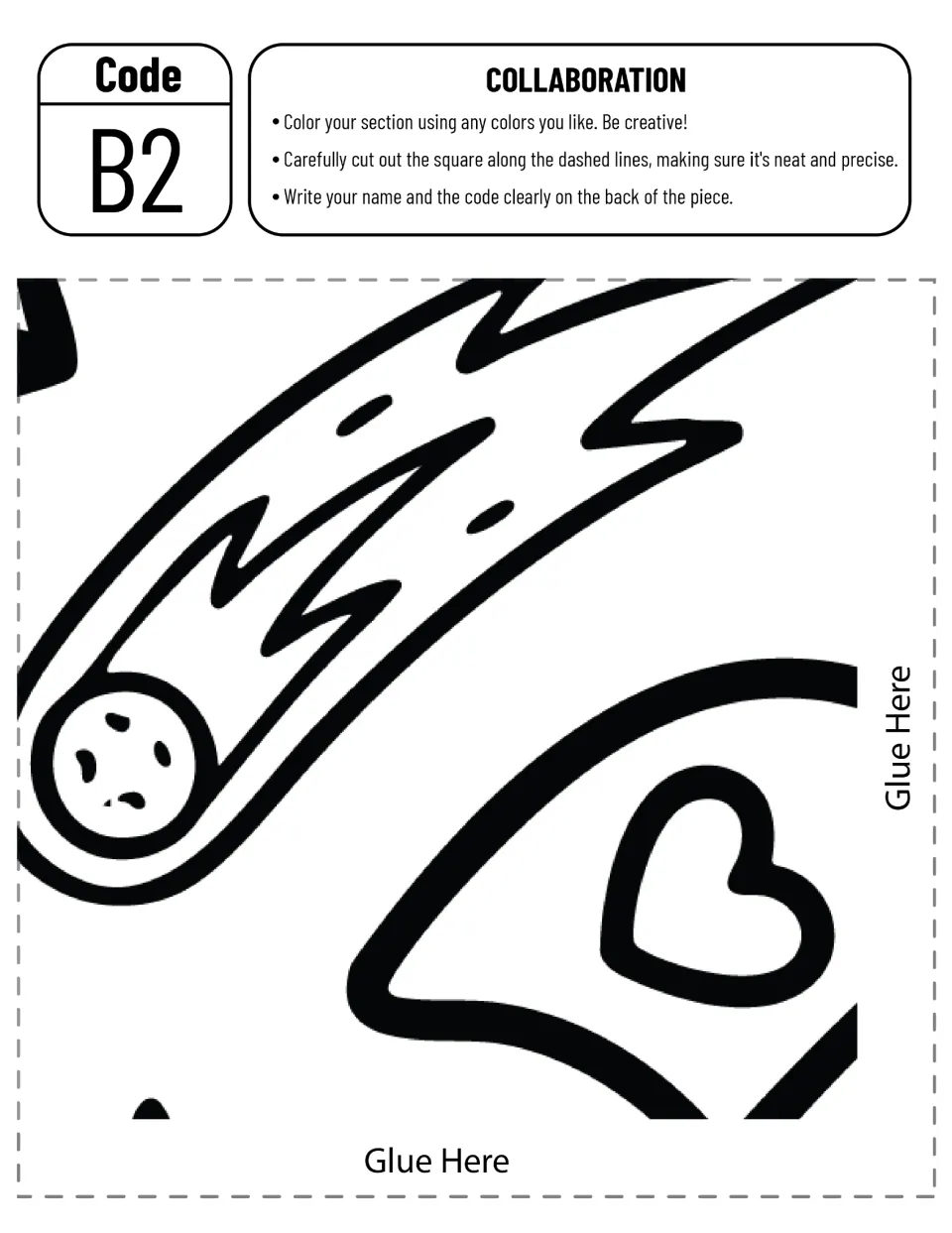 Cut-out piece B2: a flaming comet beside the heart-marked rocket edge for a student to color, cut out and label