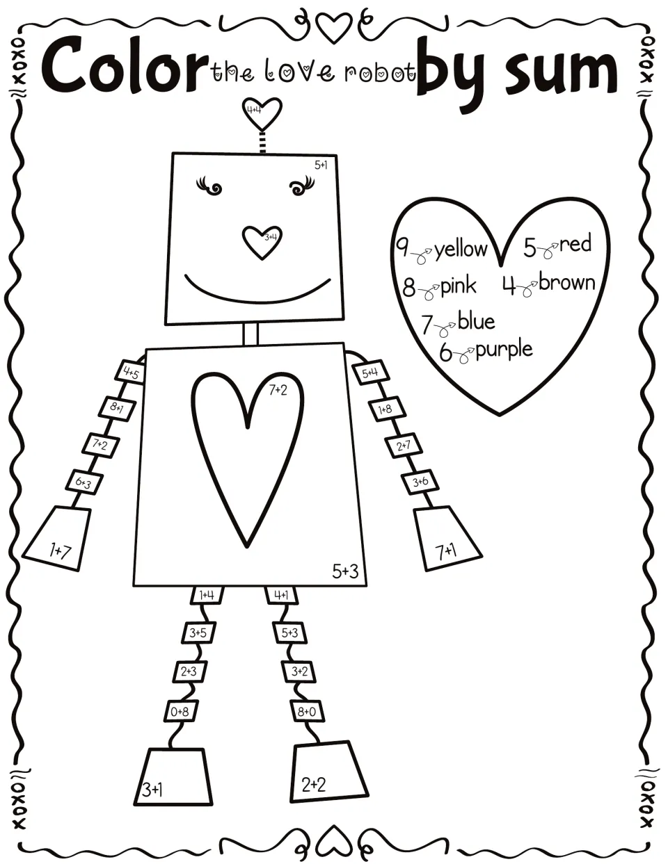 Color the love robot by sum: students solve addition facts to 9 on a robot and color each part using a sum color key