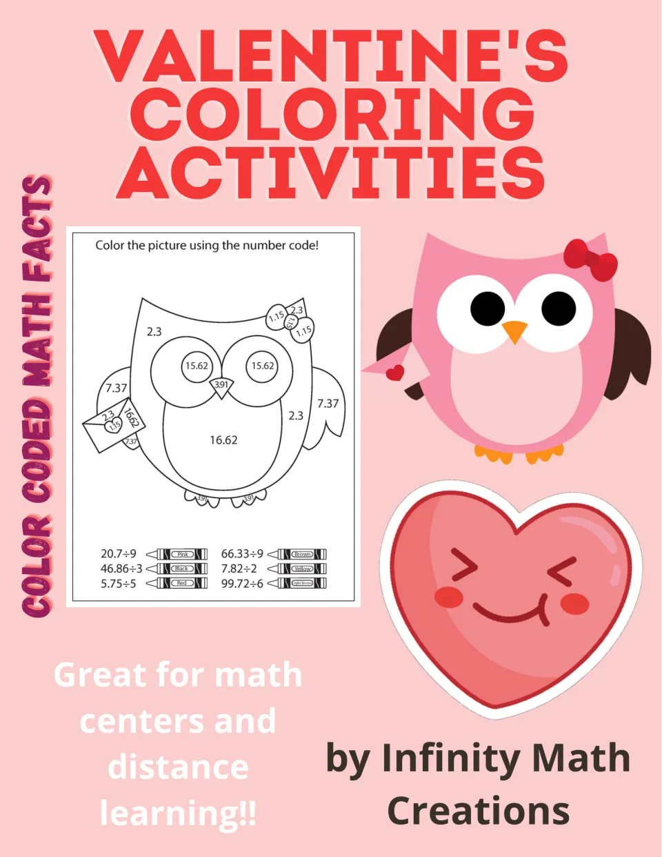 Cover of the Valentine's Day decimal coloring packet, showing an owl worksheet and the words 'Color Coded Math Facts'