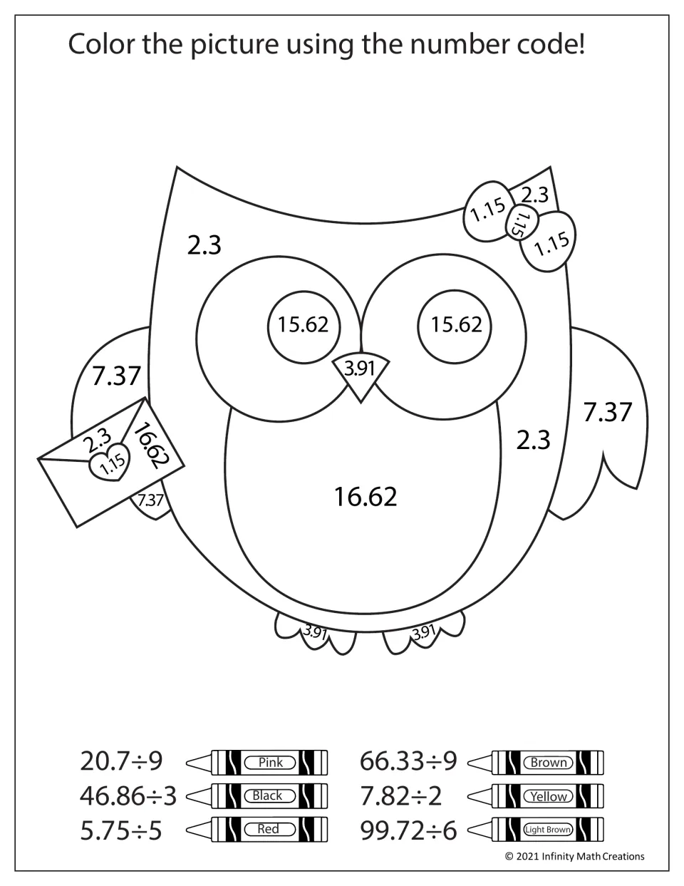 Owl color-by-code worksheet with six decimal division problems, including 20.7 ÷ 9 for pink and 46.86 ÷ 3 for black