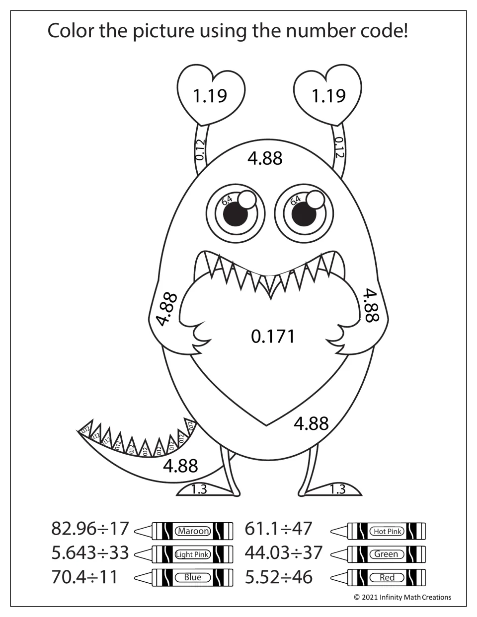 Monster color-by-code worksheet with six decimal division problems, including 82.96 ÷ 17 and 5.643 ÷ 33