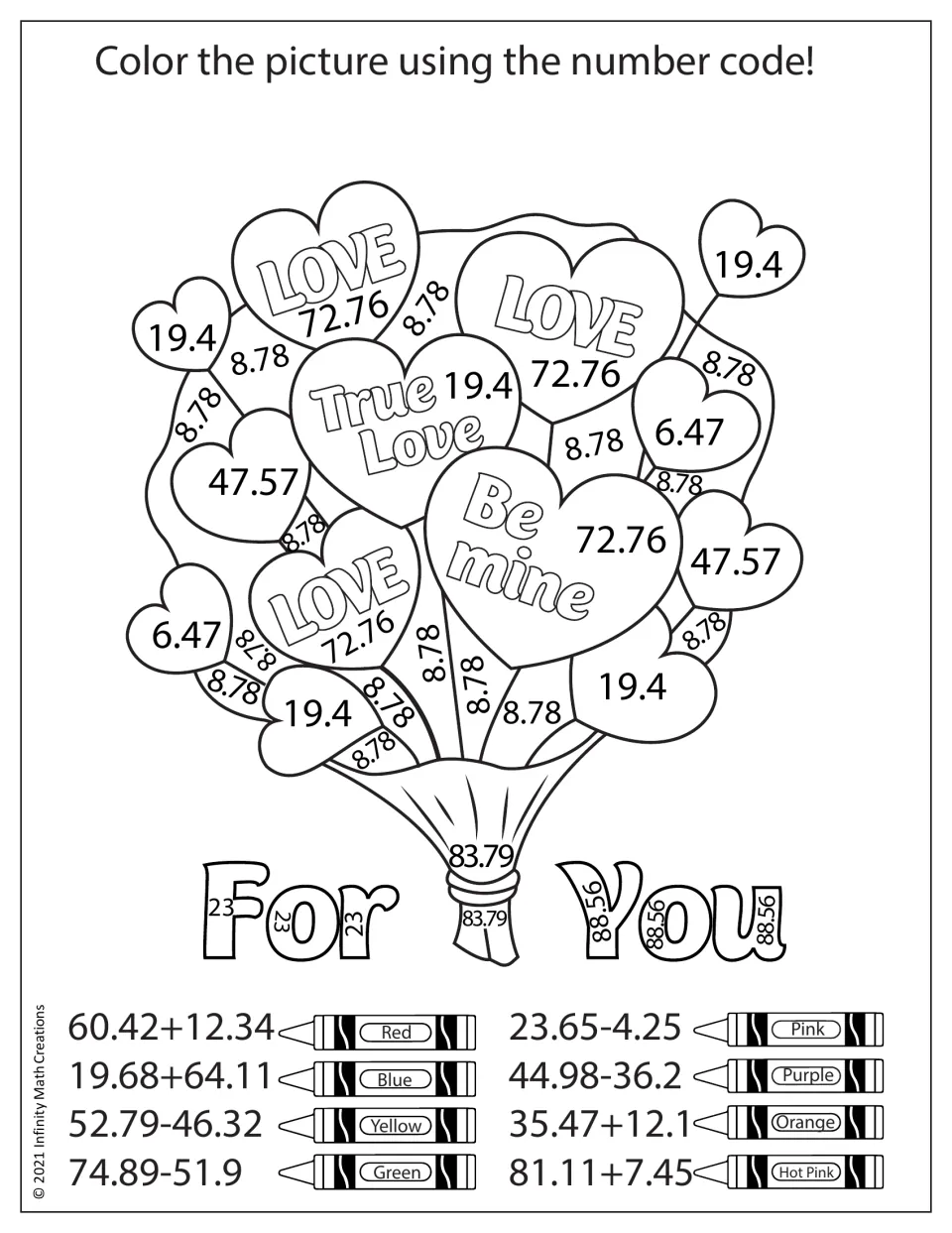 Heart bouquet color-by-code worksheet with eight decimal addition and subtraction problems and 'For You'